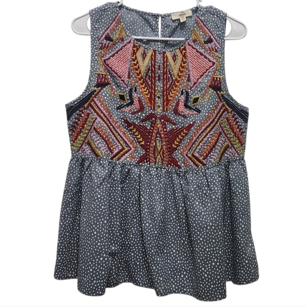 Entro Small Blue Embroidered Peplum Top Boho Tribal Sleeveless Babydoll Blouse